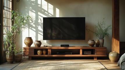 Minimalist living room featuring television set plants and wooden furniture