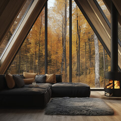 Obraz premium Modern interior of an A-frame cabin with large windows, a sofa, and a fireplace in the living room. Cozy fall colors and a large window overlooking the forest.