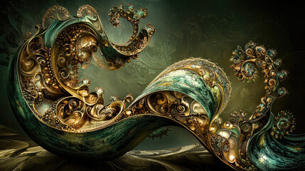 Fototapeta premium Intricate swirling patterns of gold and teal create a mesmerizing abstract design in a serene background