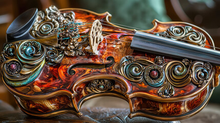 Ornately designed violin resting on a table, showcasing intricate craftsmanship and details