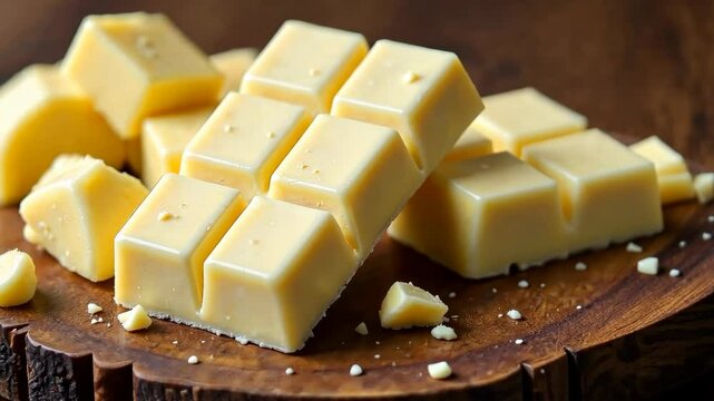 4k frame of a bar of white chocolate lying on a table