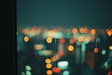 Raindrops on window overlooking cityscape with colorful bokeh lights