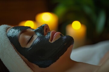 Fototapeta premium Female receiving relaxing facial treatment with black mask at spa with candlelight ambiance