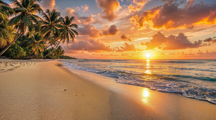 A secluded tropical beach bathed in the warm hues of a breathtaking sunset. The soft, golden sand glows under the fading light as gentle waves kiss the shore, and palm trees sway in the salty breeze.