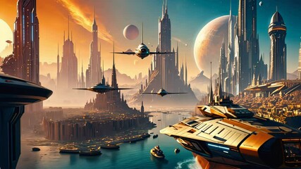 Futuristic space city on an alien planet, with massive towering structures and advanced spacecraft flying above. Concept of intergalactic civilizations and future societies - Powered by Adobe