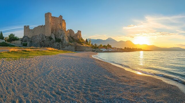 Scenic Sunset at Platamonas Castle, Greece: A Coastal Medieval Fortress