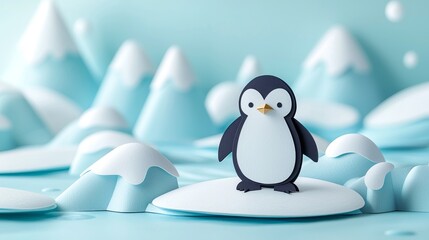 Obraz premium Origami animal collection cute papercut penguin on ice cartoonish style in a frosty environment