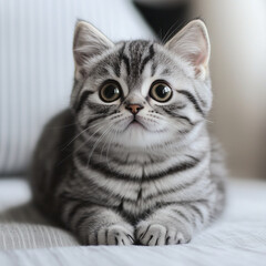 Fototapeta premium Grace in Stripes: Close-Up Portrait of a Beautiful Gray Cat, portrait of a cat