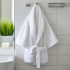 White Terry Cotton Towel Hung on a Hook in a Clean Bathroom with White Tiles
