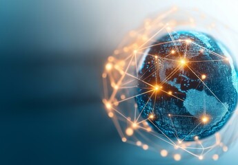 A global network concept with interconnected nodes and glowing elements, representing technology and communication