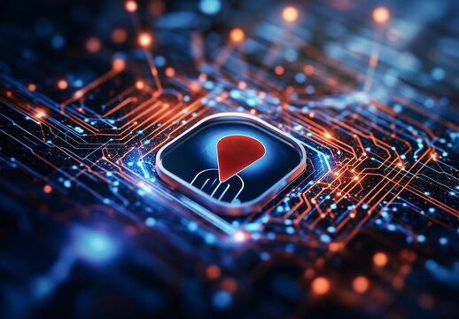 A Digital location pin icon with business person on circuit board background, symbolizing technology and connectivity