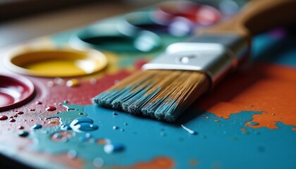 Fototapeta premium Artist's Paintbrush with Teal Paint on Multicolored Palette in Creative Studio Setting