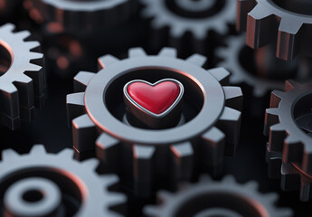close up of interlocking gears with red heart symbolizing love and connection amidst mechanical elements. image conveys blend of emotion and machinery