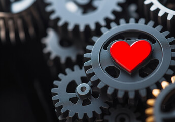 Close up of gray gears with red heart symbol, representing connection and emotion in machinery. intricate design highlights blend of technology and affection