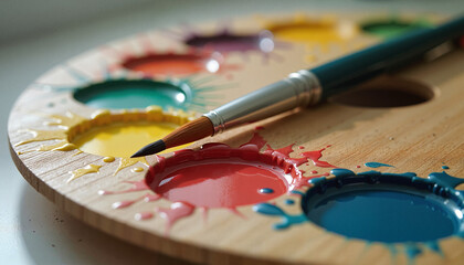 Fototapeta premium Dynamic Artist's Wooden Palette with Fresh Paint Mixtures