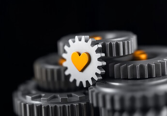 Close up of gray gears with heart symbol, showcasing blend of technology and emotion. gears are metallic with orange heart, representing connection and innovation
