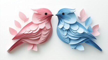 Fototapeta premium Origami lovebirds papercut collection in soft pastels indoor art display crafted environment romantic concept
