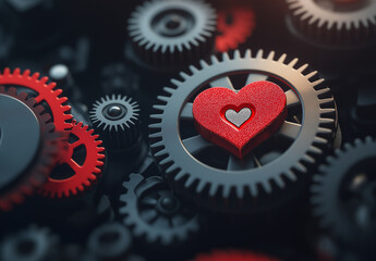 close up of gears and cogs with red heart symbolizing love and connection. intricate details of machinery contrast with warmth of heart, creating unique blend of technology and emotion