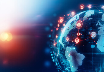 Digital globe with social media icons and network connections, representing global communication and technology. vibrant colors evoke sense of innovation and connectivity