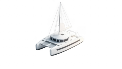 Isometric illustration of a white catamaran sailboat on water, isolated on white background. 
