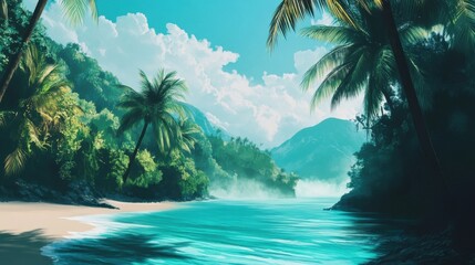Fototapeta premium Tropical Beach with Turquoise Water and Palm Trees
