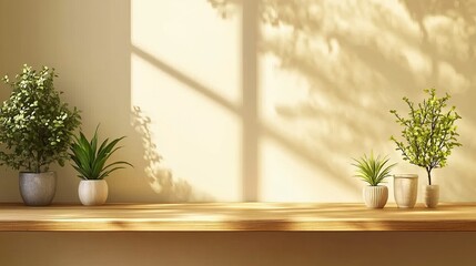 Tranquil Arrangement of Three Lush Potted Plants on a Sleek Modern Shelf Showcasing the Beauty of Indoor Greenery and Natural Elements for a Fresh and Calming Home Environment