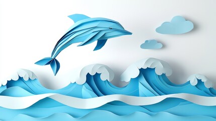 Obraz premium Origami dolphin jumping over waves paper art collection coastal scene paper cut environment creative viewpoint
