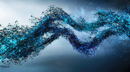 Abstract digital wave composed of interconnected nodes and lines in blue tones with a futuristic background