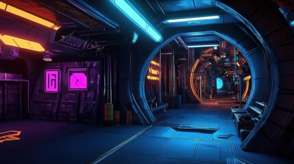 Neon Cyberpunk Tunnel with Futuristic Details