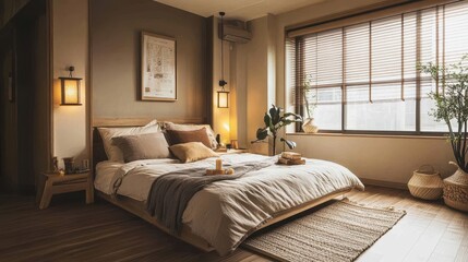 A beautifully designed bedroom exudes warmth and peaceful ambiance