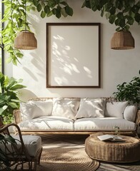 Mockup frame in farmhouse living room interior, 3d render