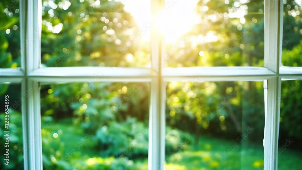 Poster a sunlit window with a view of a lush green garden. light filters through the glass, creating a warm
