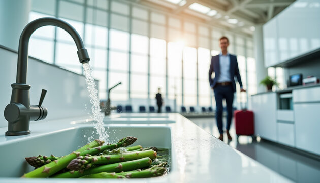 Asparagus washed in modern airport lounge sink with male traveler and suitcase