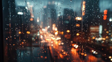 Fototapeta premium Blurred Cityscape with Raindrops on Glass