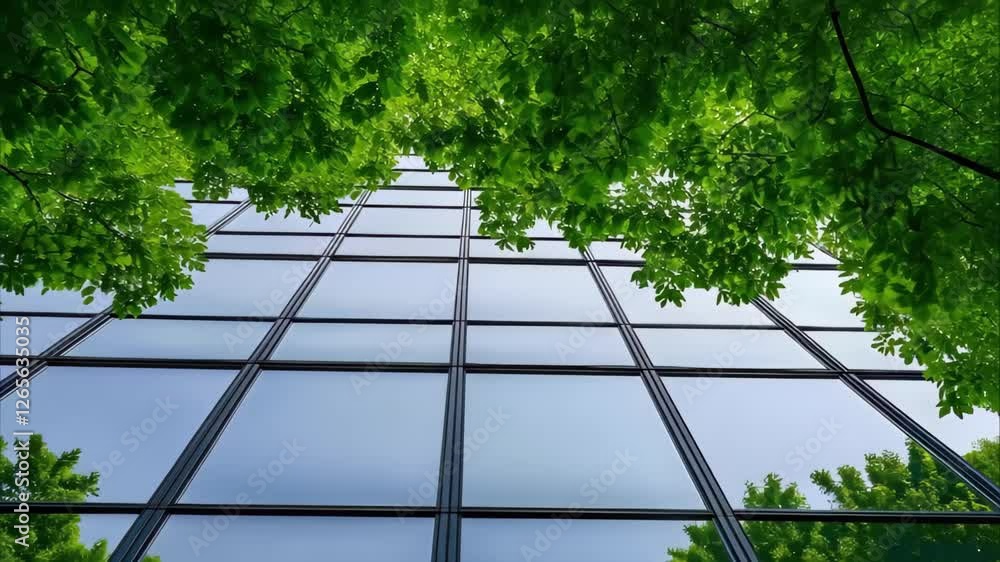 Poster a glass building reflecting greenery from trees, creating a harmonious blend of architecture and nat