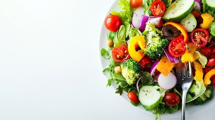 Vibrant Plate of Fresh Colorful Vegetables Artfully Arranged on a Rustic Wooden Table with a Fork Stylishly Positioned Alongside Creating a Wholesome and Inviting Culinary Experience