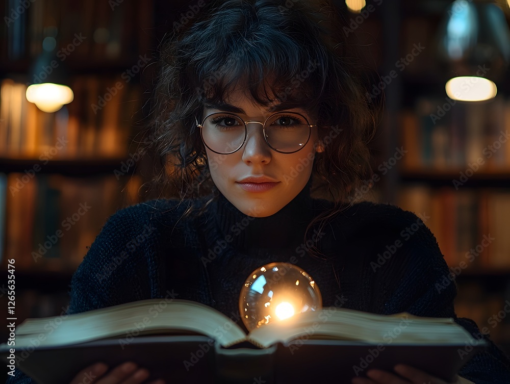 Aufkleber friendly and approachable librarian sitting behind vintage desk with glowing open book symbolizing g