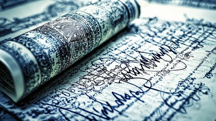 Detailed view of an ancient scroll with intricate calligraphy and historical significance