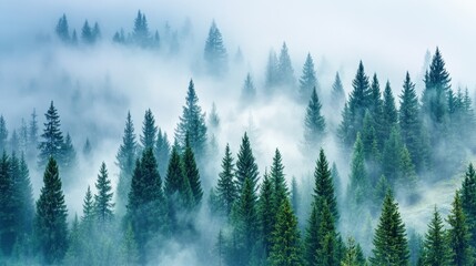 Fototapeta premium Mystical Foggy Forest with Tall Pine Trees
