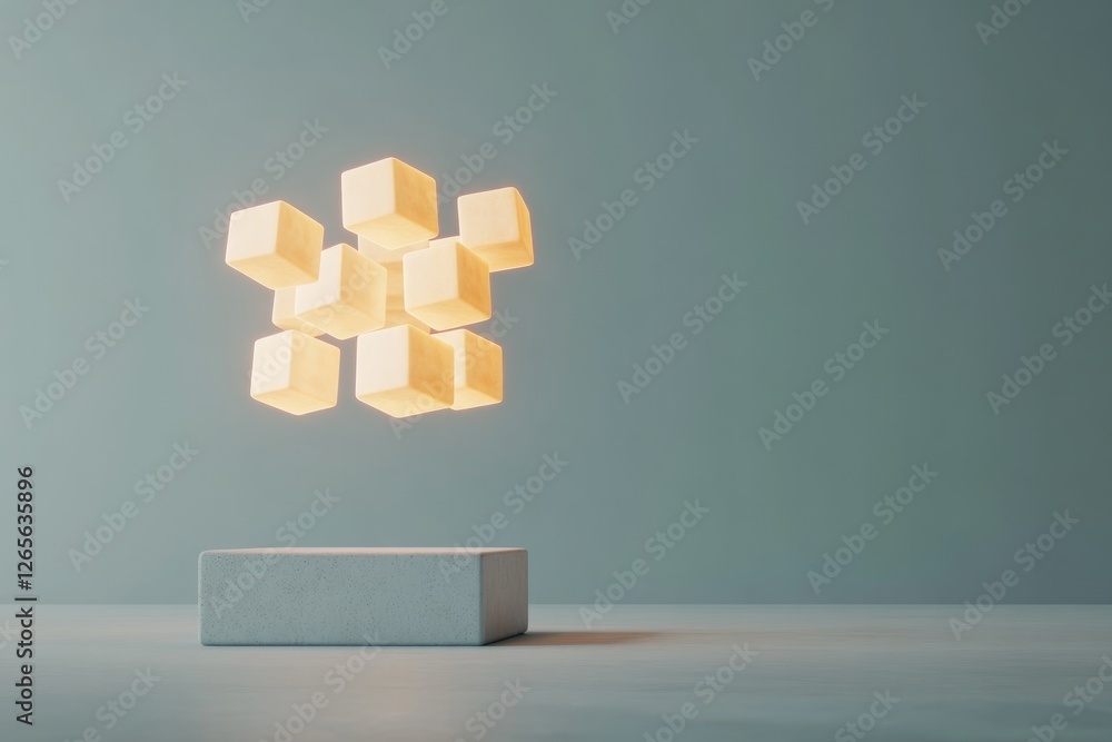 Poster clean and modern 3d render of cube composed of smaller glowing cubes hovering over simple base copy 
