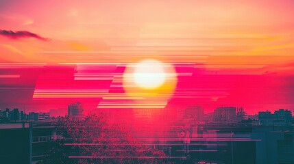 Retro 80s Sunset with VHS Glitch Effect
