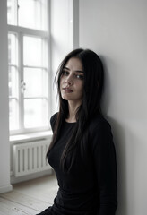 A woman in a black dress is standing in front of a white wall.