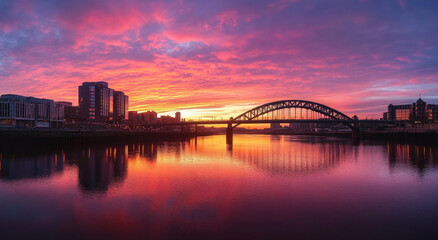 Fototapeta premium Stunning Tyne Bridge Sunset Reflection in Newcastle Upon Tyne, England 