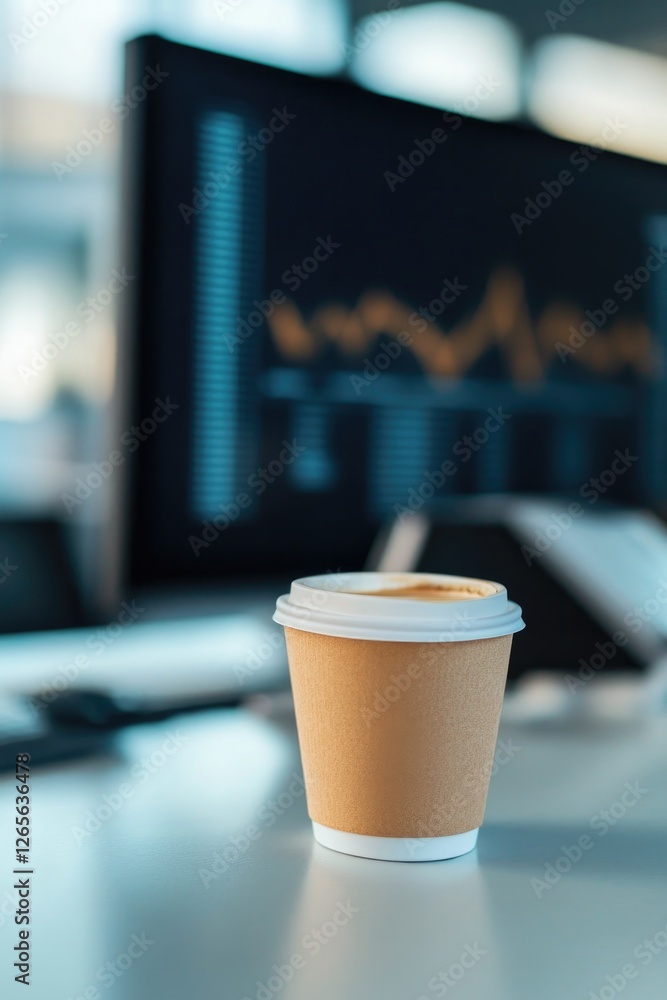 Poster close-up of coffee cup placed on desk beside computer monitor displaying analytics graphs blurred of