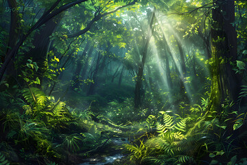 Obraz premium Enchanting Sunlit Forest with Lush Foliage, Misty Atmosphere, and Glimmering Stream Reflecting Vibrant Greenery