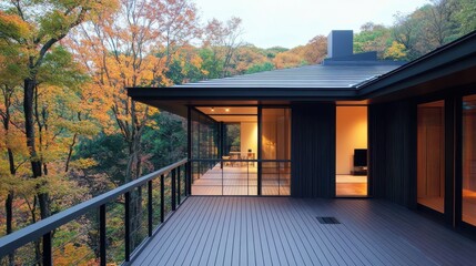 Fototapeta premium Modern house with deck overlooking autumn foliage in nature