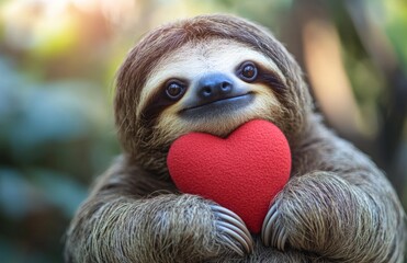 Fototapeta premium Adorable Sloth Hugging Red Heart in Lush Green Forest