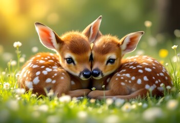 Fototapeta premium Two Adorable Fawns Relaxing in a Sunlit Meadow with Wildflowers