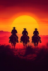 Fototapeta premium Silhouette of Three Cowboys on Horseback Riding into a Desert Sunset