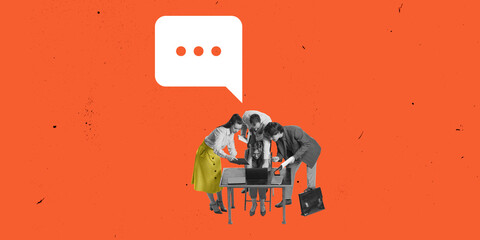 Contemporary art collage. Group of business professionals, gathered around laptop on table, discussing ideas against orange background with white chat bubble. Concept of teamwork and communication.